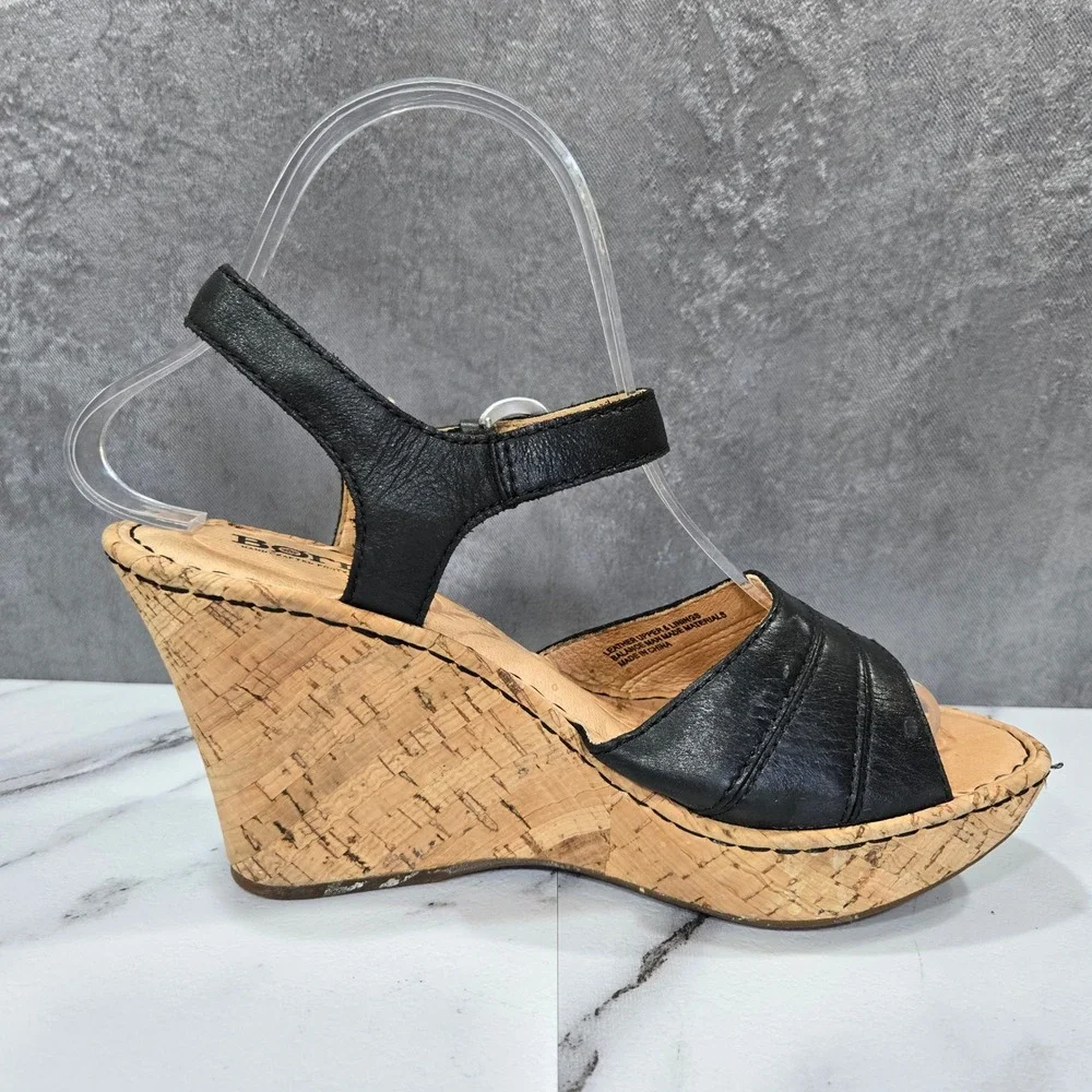 Born Womens 7 Black Leather Slingback Cork Wedge Sandals Comfort Shoes Platform